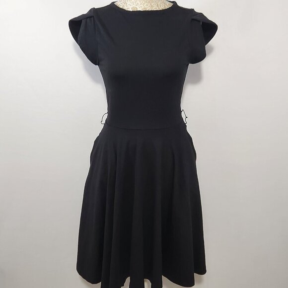 Pact Women's Size XS Black Organic Cotton Petal Sleeve Fit & Flare Dress Pockets - Picture 1 of 14